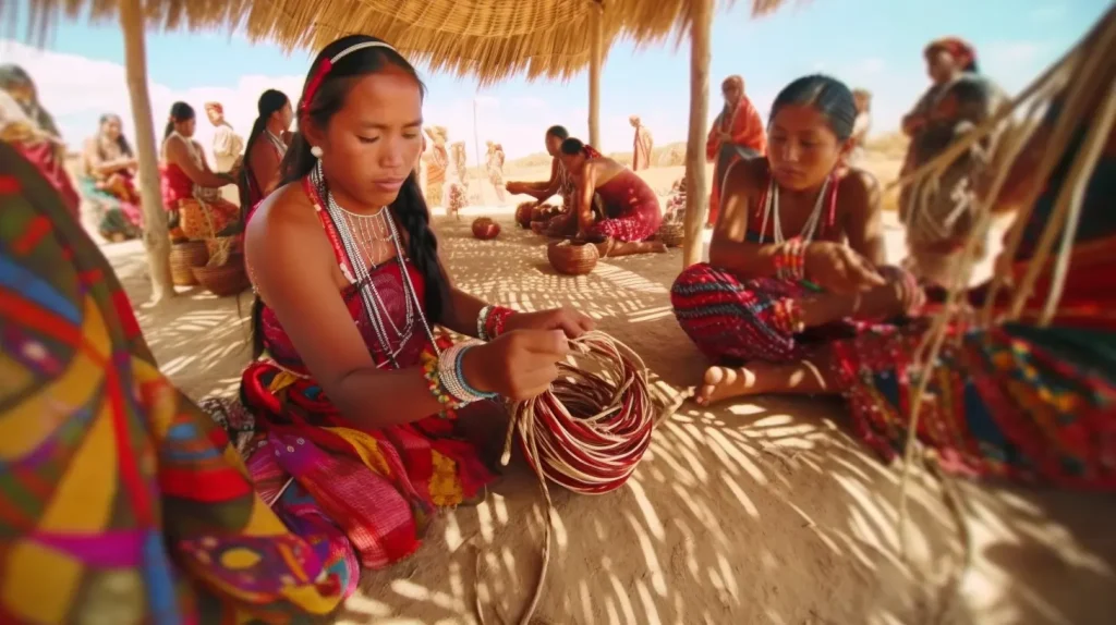 Mitglieder des Wayuu-Stammes flechten Taschen für Parres & Rodriguez